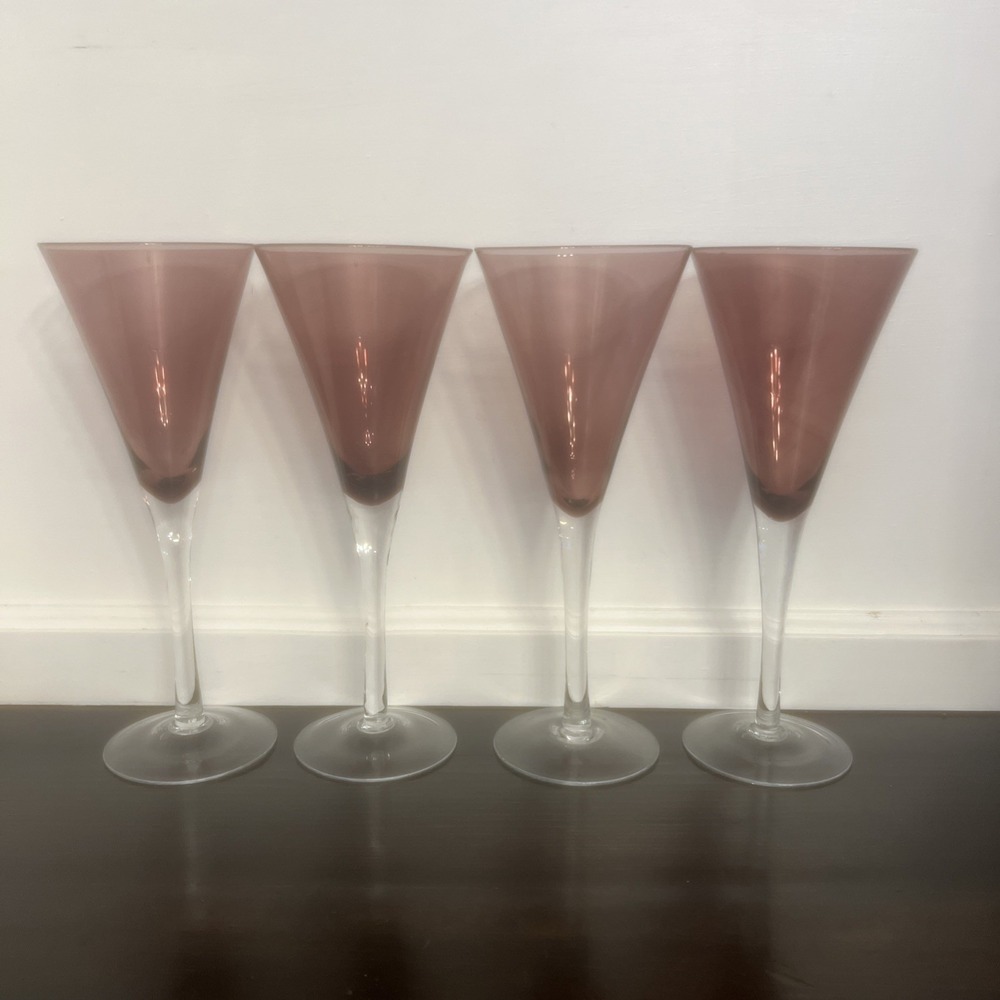 4-POTTERY BARN CRYSTAL AMETHYST CHAMPAGNE FLUTES/WINE GLASS w/CLEAR STEM 9"EUC